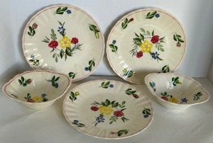 lot 30 image: Vintage Blue Ridge Pottery Colonial Shape Dinner Plates and Bowls Replacement Set - Qty 5