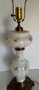 lot 34 image: Vintage Floral Painted Tall Milk Glass Table Lamp