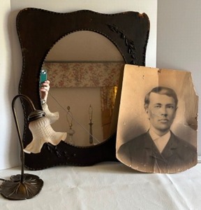 lot 40 image: Victorian Wide Wood Framed Mirror, Antique Photo and Lilly Bronze Desk Lamp