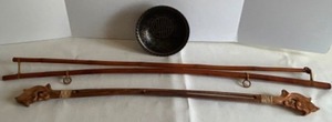 lot 43 image: Carved Wooden Asian Tapestry Robe Hangers and Noodle Bowl