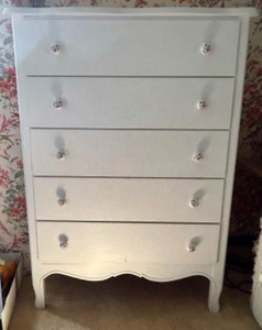 lot 53 image: Vintage Five Drawer Wooden White Painted Tall CHEST of Drawers with Rose Porcelain Knobs and Dove Tail Joints