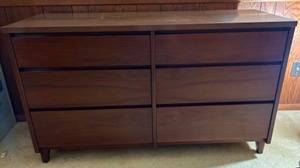 lot 71 image: Vintage MCM Mod Formica Topped 6 Drawer Dresser by STANLEY Medium Brown Walnut W Mirror