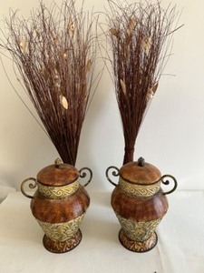 lot 75 image: Rustic House Decor With a Pair of Metal Urns and Twig Foliage Stalks