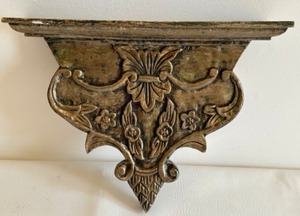 lot 76 image: Architectural Salvaged Carved Wooden Wall Sconce  Shelf with Silver Patina