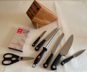 lot 13 image: Wustohf Trident 7 Piece Knife Set With Wood Block Holder