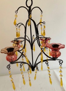 lot 80 image: Vintage Colored Glass and Crystal Hanging Decorative 4 Candle Chandelier