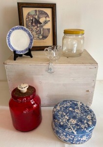 lot 81 image: Interesting Mix of Vintage Items including a Large Wood Box, Glass Storage Jars & More