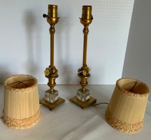 lot 100 image: Vintage HOLLYWOOD REGENCY Column Pillar Lamps w Glass Cube and Porcelain Flower Accents Topped With Frilly Lampshades