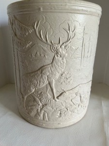 lot 101 image: Vintage ROSEVILLE Salt-Glazed Sand Crock Tall Planter, Cane Holder, Umbrella Stand with Majestic Stag Motif