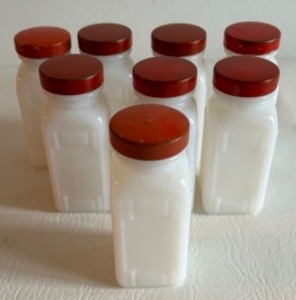lot 105 image: Vintage Milkglass Spice Jar Lot With Red Twist-Off Covers - Qty 8
