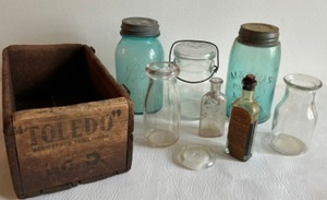 lot 106 image: Antique Bottles, Canning Jars and Wood Box Including Dr. Farthing Teething Syrup