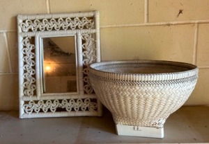 lot 123 image: Vintage Wicker Woven Mirror and Deco Art Bowl Painted White