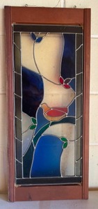 lot 125 image: Vintage Framed STAINED GLASS WINDOW Depicting a Bird on a Branch