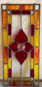lot 126 image: Vintage Geometric STAINGLASS WINDOW Flower w Center Cabochon Lead Edge Framed
