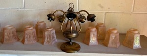 lot 130 image: Vintage Etched Glass Five Arm Chandelier with Cameo Shades & Extra Shades