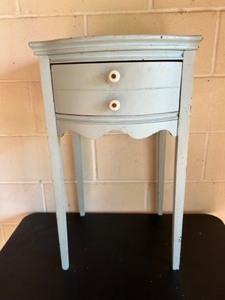 lot 132 image: Vintage Robins Blue Curved Front Single Drawer Side Table painted Over Mahogany