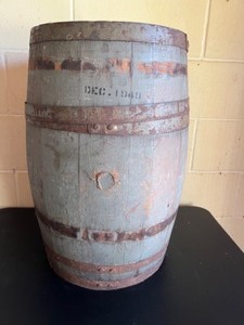 lot 138 image: Vintage WOOD BARREL Keg Dated 1949 Gray Blue color with Iron Rings