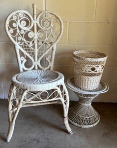 lot 157 image: Vintage MCM Peacock Curly Q Heart Backed Wicker Accent Chair, Modern Hourglass Woven Table & Wicker Wastebasket