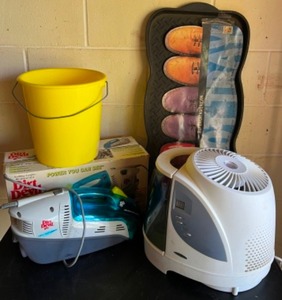 lot 160 image: LAUNDRY Lot Including a Humidifier, Dirt Devil Cleaner, Boot Tray & Yellow Bucket