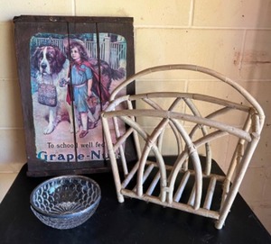 lot 161 image: Vintage Decorating Items - MCM Decor Rattan Wicker Magazine Rack, Grape Nuts Slatted Wall Art & Crystal Silver Edged Bowl