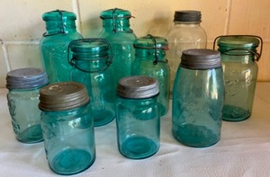 lot 162 image: Vintage Collection of Blue Glass CANNING JARS With Zinc Tops Including Ball, Mason Quick Seal & Kerr Clear