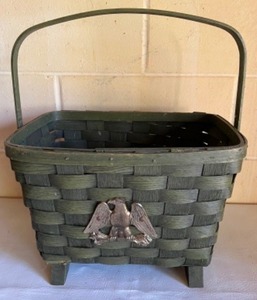 lot 164 image: Americana Bentwood Wicker Basket Magazine Rack with Brass Eagle Emblem