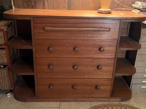 lot 178 image: Vintage Danish TEAK Fold Away DESK Chest of Drawers Shelves All in One