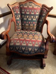 lot 183 image: Antique Stable Rocker ROCKING CHAIR Victorian Parlor Furniture Geometric Tapestry Pattern