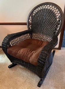 lot 186 image: Vintage Black WICKER Classic ROCKING CHAIR With Cushion