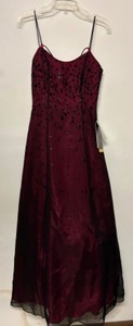 lot 190 image: Vtg 90s MORGAN & Co. Evening Dress in Burgundy with Black Accent Tulle With Spaghetti Straps Sz 34 New With Tags