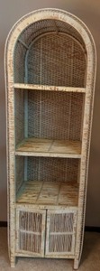lot 210 image: Vintage MCM Arched Wicker Narrow Cabinet Shelf Painted White