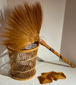 lot 215 image: Vintage African Wall Broom, Wicker Basket and Woven Straw Coasters Bohemian 