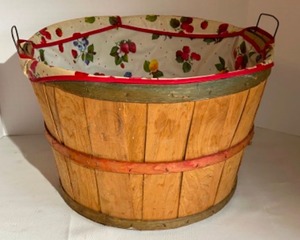 lot 216 image: Vintage Classic FALL Cherry Picking Harvest Bushell Basket with Vinyl Cherry Print Liner Kitchy MCM
