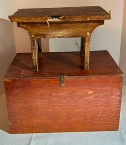 lot 217 image: Wooden Collectible Duo With a Covered Storage Box and Solid Wood Primitive Milking Stool