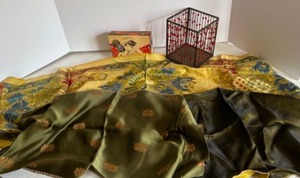 lot 225 image: Asian Lot Consisting of Woven Silk Pieces of Fabric Runners and Centerpieces, Note Cards & a Votive Candle Holder