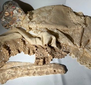 lot 228 image: Victorian Handmade Lace, Crocheted Edging Collection Pieces Including a Tablecloth