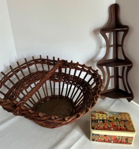 lot 231 image: Vintage Collectibles Including a Branch Spiked Basket, A Handmade 3 Tiered Corner Shelf and Massilly France Biscuit Tin