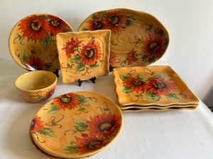lot 253 image: MAXCERA Terra Cotta Dish Set & Serving Pieces in Golden Sunlower Pattern - Qty 10