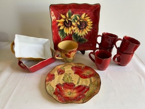 lot 254 image: MAXCERA Terra Cotta Dish Set & Serving Pieces in Poppy Splatter Pattern & 2 Matching Baking Pans - Qty 10