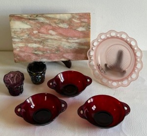 lot 262 image: Vintage Anchor Hocking Coronation Royal Ruby Red Serving Bowls Pink & Frosted Hand Painted Depression Glass - QTY 3