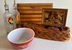 lot 263 image: Pyrex Autumn Harvest Bowl Lot w a Charles Burton Picture Tile Saying our Prayers, Board, Basket & More