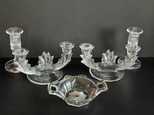 lot 268 image: Vintage Fancy Glass Candelabras, Candy Dish and Gorham Candlesticks