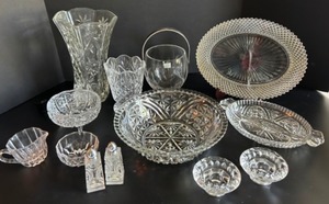 lot 274 image: Huge Lot of Cut Crystal, Pressed Glass Depression Era Serving Pieces including MIKASA - Qty 13 pcs.