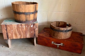 lot 361 image: Primitive Wooden Milk Stool, QTY 2 Antique Wooden Buckets with Staved Sides