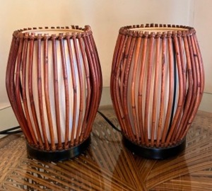 lot 339 image: Vintage MCM Pair of Bamboo Rattan Table Lamps Working