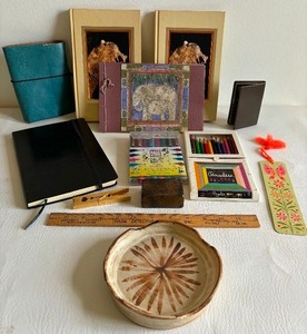 lot 355 image: Vintage Journal Notebooks, Colored Pen and Pencil Sets, Ambassador Calculator and Pottery Dish
