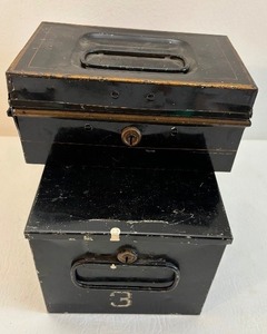 lot 365 image: Vintage Black Metal Banker Boxes with Hinged Lids and Metal Handles - Qty 2