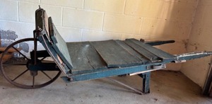 lot 370 image: Antique French CHARETTE Blue Painted Wheelbarrow Single Cast Iron Wheel