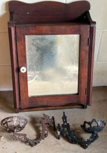 lot 144 image: Antique Vanity Medicine Wall Cabinet and Cast Iron Candle Swinging Sconces