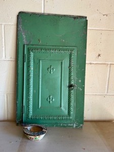 lot 401 image: Antique Pie Tin Panel Painted in Teal With Access Door Vintage Floral Japanese Ashtray